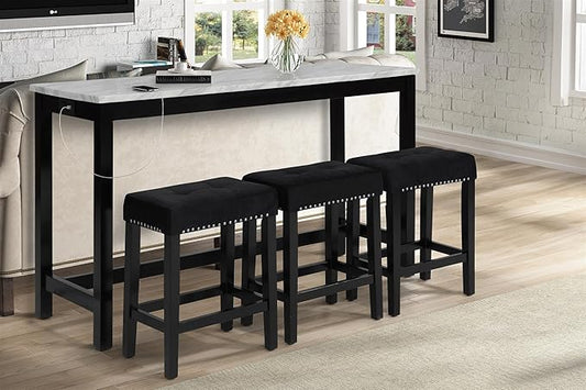 New Classic Furniture Celeste Faux Marble Theater Bar Table with 3 Bar Stool Set, Black Velvet with Black Base
