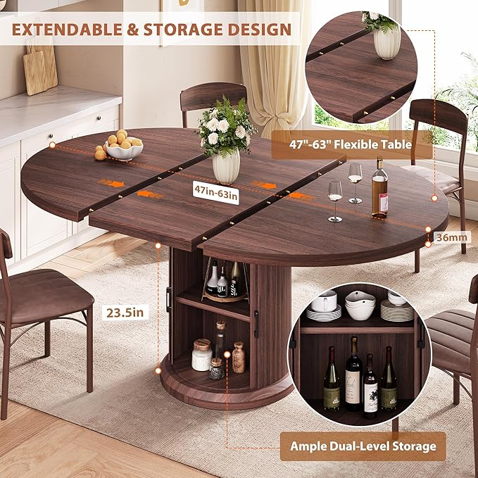 Jocoevol 47″–63″ Extendable Round Dining Table for 4–8 with Dust-Proof 2-Tier Storage Shelf Space Saving Expandable Wood Oval Circle Dinner Furniture with Pedestal Base (Black)