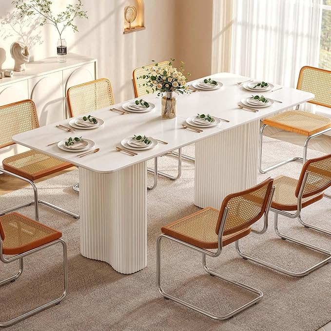 DWVO 70.8 Inch Dining Table for 6-8 People Modern Rectangular Kitchen Table Large Cream White Dinner Table with Solid Wave Curved Legs for Dining Room Kitchen Home Office Apartment, White