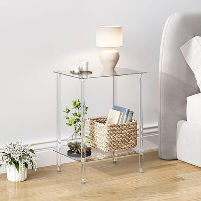 Tempered Glass Side Table, Acrylic End Table, 2-Tier Transparent Nightstand, Clear Coffee Table, for Small Spaces Living Room Bedroom Balcony Transparent LET518TR