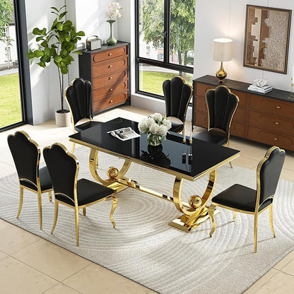 7-Piece Modern Luxury Dining Table Set, 70" Black Tempered Glass Kitchen Table with Gold Polished Stainless Steel U-Shaped Pedestal Base and 6 Black Upholstered High-Back Side Chairs for Dining Room