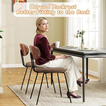 LSSPAID Dining Chairs Set of 2, Linen Fabric Upholstered Dining Room Chairs with Walnut Bentwood Back, Mid-Century Modern Kitchen Chairs with Adjustable Feet Pads, Coffee