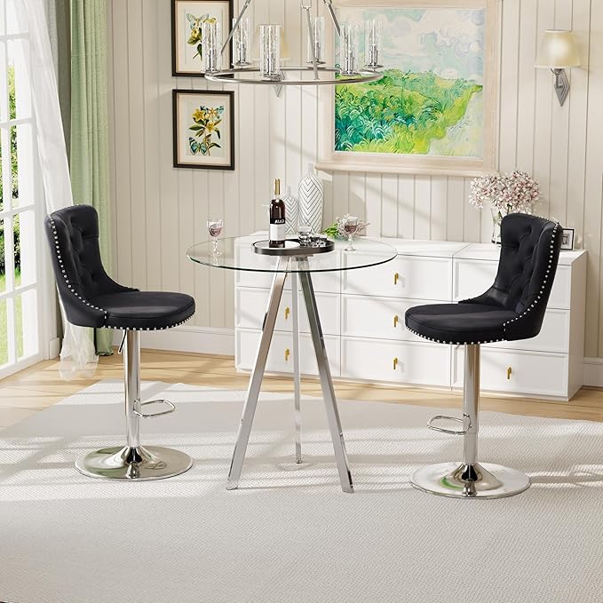 Glass Bar Height Table and Chairs Set for 2, Round Bistro Pub Table with Stools Set, Adjustable Retro Barstools Velvet Island Chairs for Small Space (Silver Metal Legs, Clear Top + Black Chair)