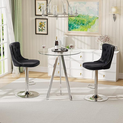 Glass Bar Height Table and Chairs Set for 2, Round Bistro Pub Table with Stools Set, Adjustable Retro Barstools Velvet Island Chairs for Small Space (Silver Metal Legs, Clear Top + Black Chair)