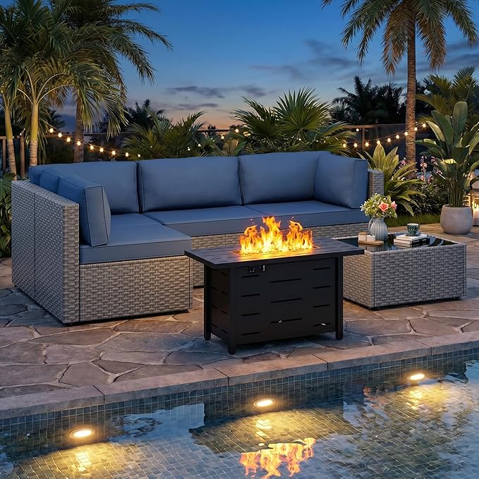 JAMFLY Patio Furniture Sets, 6-Piece Outdoor Patio Furniture with 43'' Propane Gas Fire Pit Table, Wicker Outdoor Conversation Set Sectional Sofa for Backyard, Poolside, Garden(Blue Cushion)