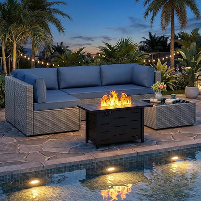 JAMFLY Patio Furniture Sets, 6-Piece Outdoor Patio Furniture with 43'' Propane Gas Fire Pit Table, Wicker Outdoor Conversation Set Sectional Sofa for Backyard, Poolside, Garden(Blue Cushion)