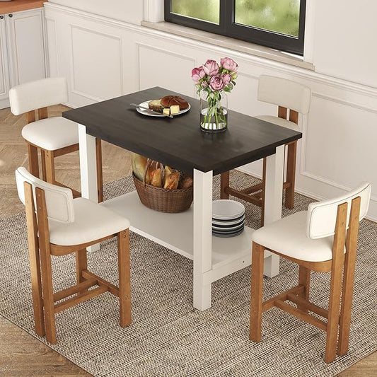 5-Piece Counter Height Dining Table Set for 4, Bar Height Table and 4 Bar Stools for Kitchen Island/Dining Room(Brown Table & White Barstools)