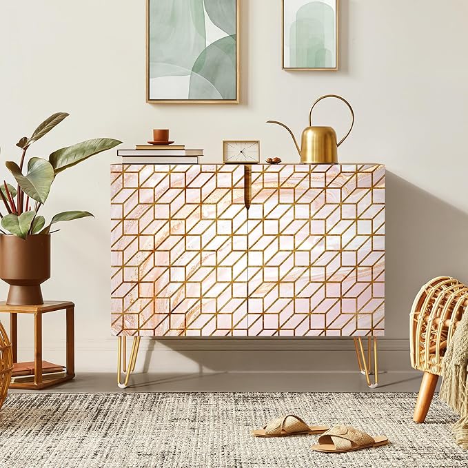 SIGNWIN Sideboard Buffet Cabinet, Kitchen Storage Cabinet with 2 Doors, 3D Square Optical Illusion Patterns, Cupboard Console Table for Dining Room - 35" L x 18" W x 29" H