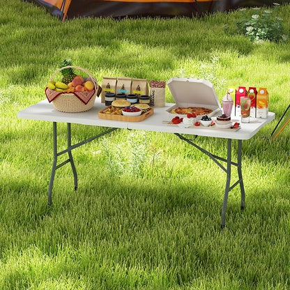 Tangkula 6 FT Folding Table, Indoor Outdoor Foldable Plastic Table with HDPE Tabletop, Sturdy Metal Fame, Carrying Handle, Heavy Duty Portable Fold-in-Half Picnic Table for Camping BBQ Party