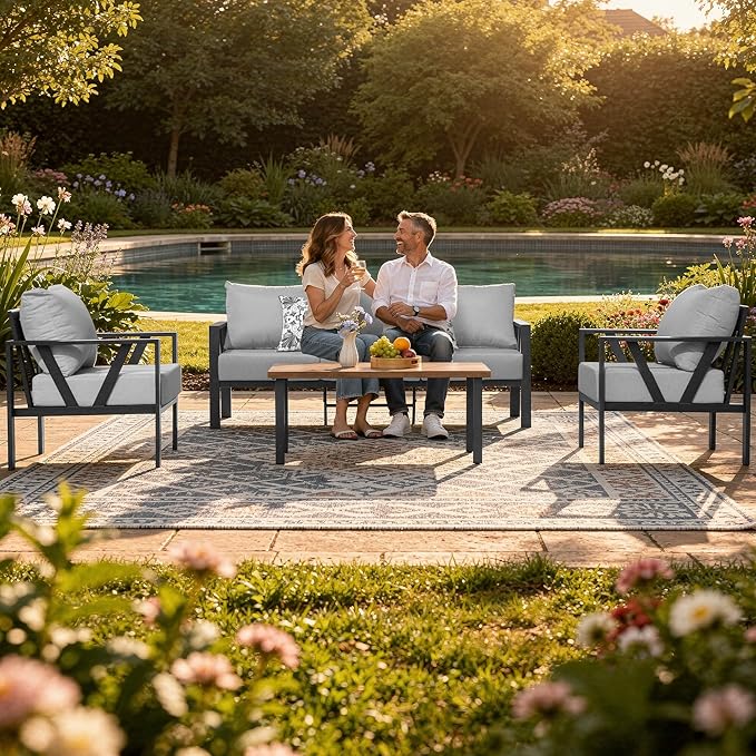 Outdoor Patio Furniture Set, 4 Pieces Metal Patio Furniture Set with Coffee Table, Modern Outdoor Patio Conversation Seating Set with 6” Thick Cushions, Light Grey