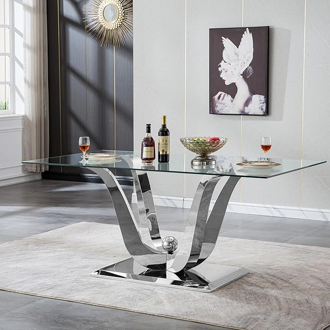 70" Glass Dining Table for 6-8, Modern Dining Room Table with 0.39" Tempered Glass Top and Dual U-Shaped Silver Stainless Steel Base, Rectangle Kitchen Dinner Table for Dining Room