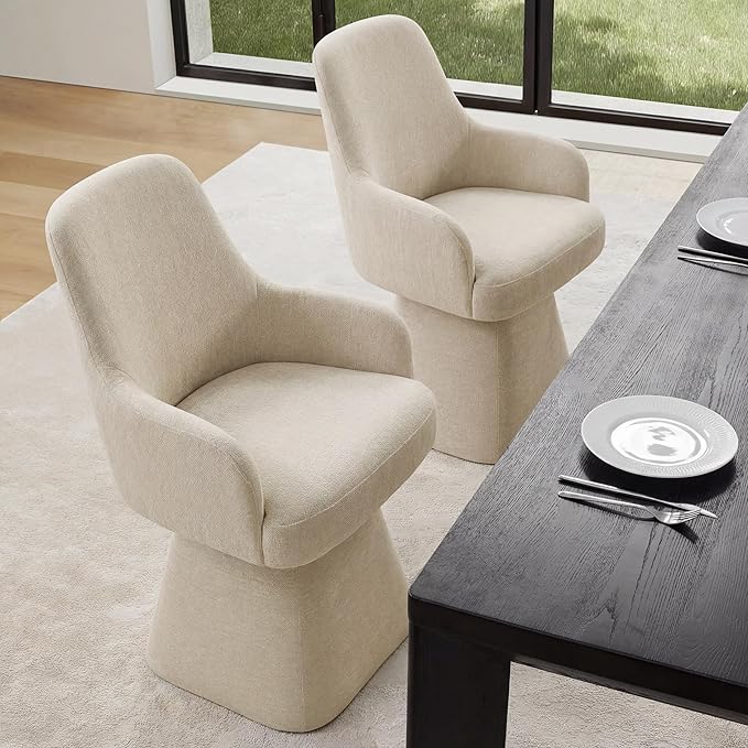 KISLOT Swivel Dining Chairs Set of 4, Mid Century Modern Chairs Fabric Upholstered Armchair with Armrest & Ergonomic Backrest for Dining Room, Kitchen, Bedroom, Living Room, Sand, 4 Boxs