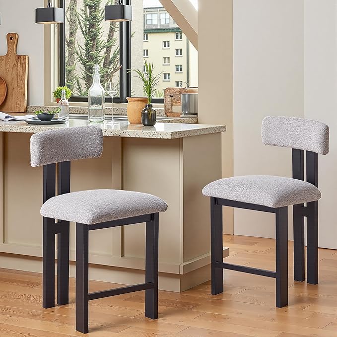 Set of 2 Modern Round Bar Stools with Low Back, 26.5" Height Upholstered Fabric Seats and Black Iron Frame for Kitchen Island, Dining Counter, Home Bar,Black+ Gray