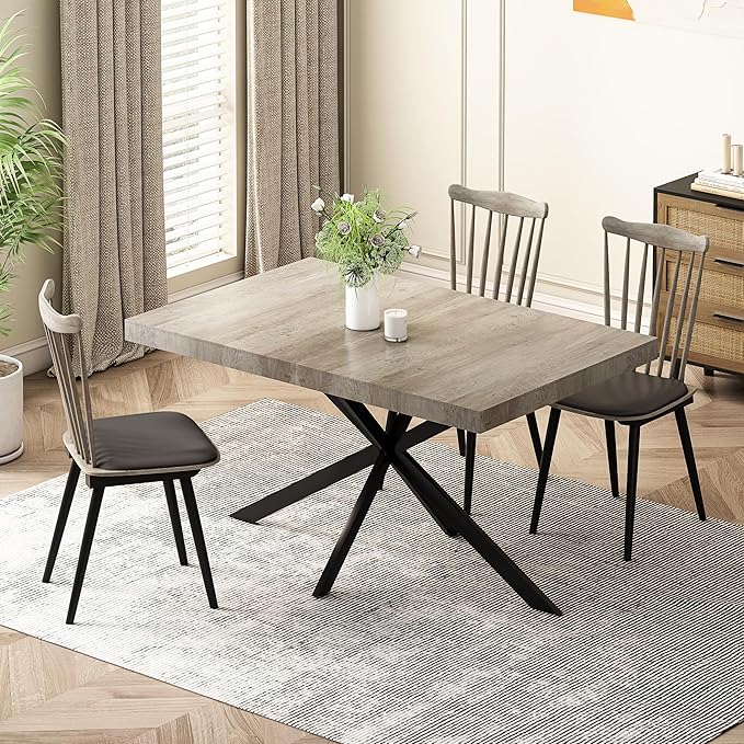 55.11"-70.86" Dining Table for 6-8 People, Retro Rectangular Stretch Table, Kitchen Table with Wood Top, Black Relief Plate Iron Foot Base and Storage Box(Grey)