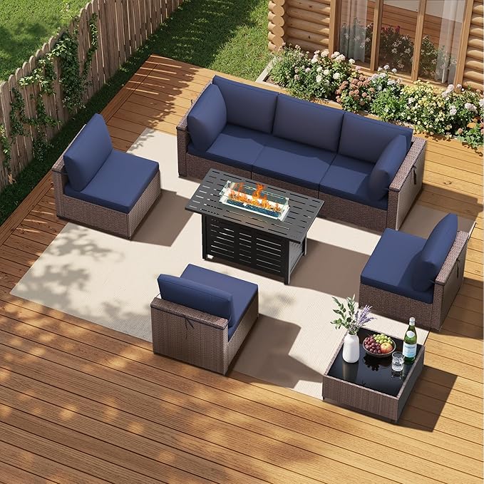 Patio Furniture Set 7 Pieces Conversation Set Wicker Outdoor Sectional Sofa,Ergonomic Armrests Couch with Cushion and Glass Table (Brown-Navy, 8 Piece-Fire Table)