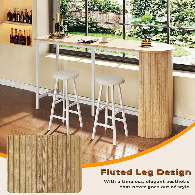 Fluted Bar Table and Chairs Set, 55'' Long Bar Tables with 2 Stools, 3 Piece Counter Height Dining Table for 2, Space Saving Kitchen Table for Bar, Dining Room, Kitchen, Breakfast Nook Corner, Natural