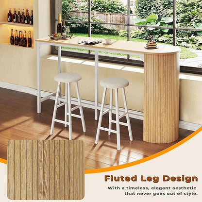Fluted Bar Table and Chairs Set, 55'' Long Bar Tables with 2 Stools, 3 Piece Counter Height Dining Table for 2, Space Saving Kitchen Table for Bar, Dining Room, Kitchen, Breakfast Nook Corner, Natural