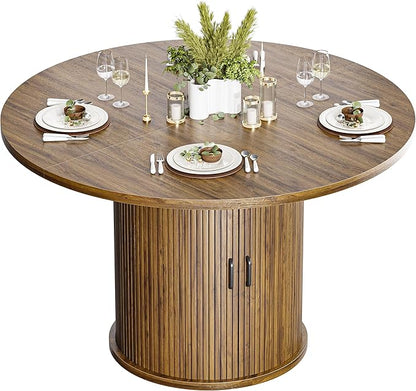 47 Inch Round Dining Table for 4-6 Round Table Kitchen Modern Round Dining Room Table with 2-Layer Storage Shelf and Wood Slide Door Circle Kitchen Tables for Dining Room Walnut