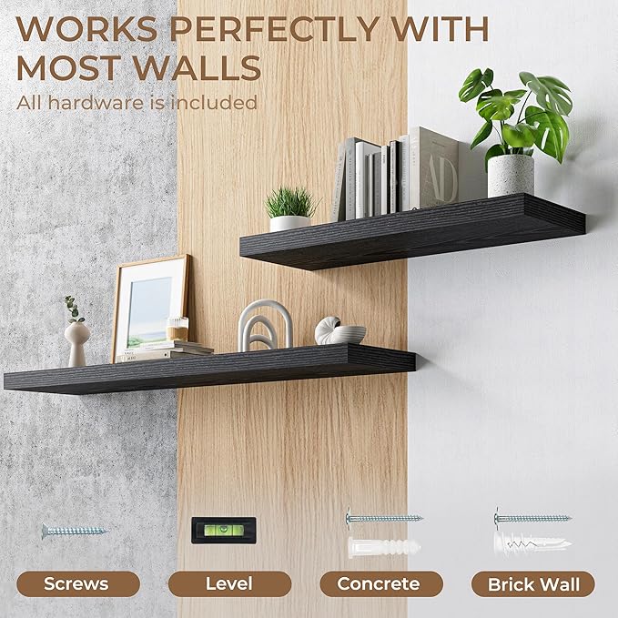 RICHFOCUS Deep Floating Shelves for Wall 2 Pack 12" D 36 Inch Wall Shelves for Room Wall|Wood Hanging Shelf with Invisible Brackets for Bathroom Bedroom Kitchen Laundry Room, Black