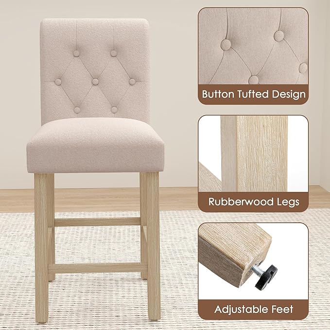 LSSBOUGHT 24 Inches Upholstered Counter Stools, Bar Stools Set of 4, Fabric Counter Stools with Back, Counter Height Bar Chairs with Solid Wood Legs for Home Kitchen Island Dining Room, (4pcs,Beige)