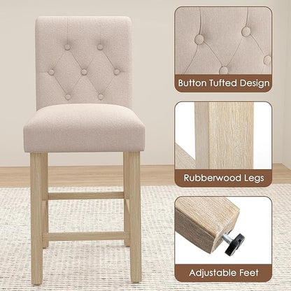 LSSBOUGHT 24 Inches Upholstered Counter Stools, Bar Stools Set of 4, Fabric Counter Stools with Back, Counter Height Bar Chairs with Solid Wood Legs for Home Kitchen Island Dining Room, (4pcs,Beige)