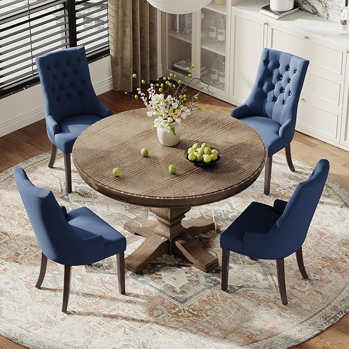 COLAMY Wingback Upholstered Side Dining Room Chairs Set of 2, Fabric Dining Chairs with Tufted Button, Living Room Chairs for Home Kitchen, Blue