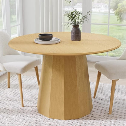 Casaphoria 46" Round Dining Table, Modern Wood Kitchen Table with Cone Shaped Strip Polygonal Base for Living Room & Dining Room, Easy Assembly Farmhouse Furniture for 4-6, Oak