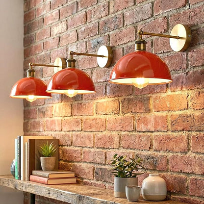 Dome Metal Wall Sconce, 180° Adjustable Industrial Wall Lamp for Bedside, Study, Kitchen, and Living Room Decor. (Orange.)