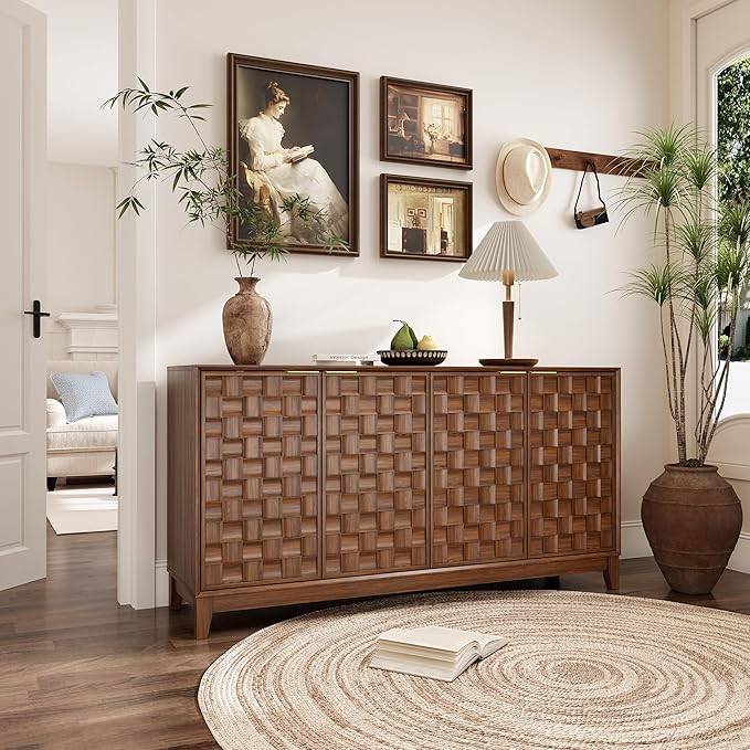 MALOL Sideboard Buffet Cabinet with Storage, Modern 4-Door Buffet Table with 3D Checkerboard Doors & Solid Wood Legs, Large Coffee Bar Cabinet for Dining Room, Living Room, Entryway, Walnut