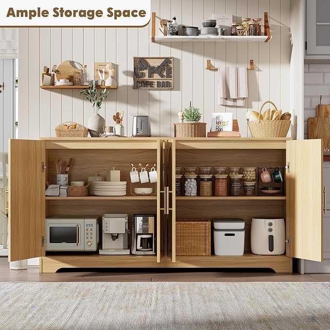 GarveeHome 59” Sideboard Buffet Cabinet - Large Credenza Storage with 4 Rattan Doors, Modern Console Table Accent Coffee Bar Cabinet for Living Room, Kitchen, Hallway, Dining Room, Entryway, Natural