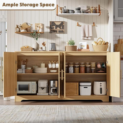 GarveeHome 59” Sideboard Buffet Cabinet - Large Credenza Storage with 4 Rattan Doors, Modern Console Table Accent Coffee Bar Cabinet for Living Room, Kitchen, Hallway, Dining Room, Entryway, Natural