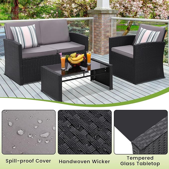 KROFEM 4-Piece Patio Furniture Set, Wicker Outdoor Rattan Sectional Sofa with Cushions and Glass Table, All-Weather Outdoor Conversation Set, Ideal for Garden, Porch, Backyard, Grey