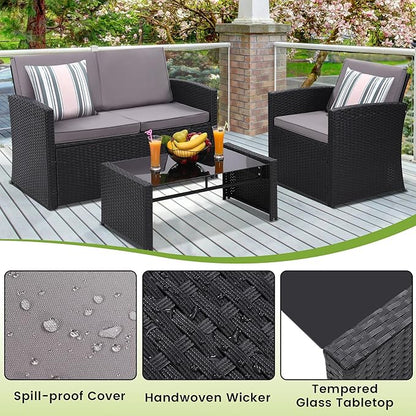 KROFEM 4-Piece Patio Furniture Set, Wicker Outdoor Rattan Sectional Sofa with Cushions and Glass Table, All-Weather Outdoor Conversation Set, Ideal for Garden, Porch, Backyard, Grey