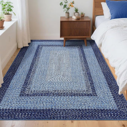 Printed Washable Area Rugs 4x6 Rug for Living Room Indoor Mats for Entryway Soft Bedroom Rug Non Slip Modern Braided Farmhouse Throw Rugs Low Pile Stain Resistant Carpet 4'x6' Navy Blue
