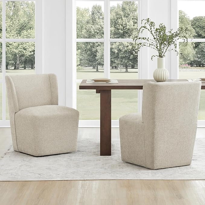 KISLOT Upholstered Dining Chairs Set of 1 with Casters, Wingback Modern Side Armless Deskchair with Rollers for Diningroom Bedroom Livingroom Reading Room, Sand Fabric