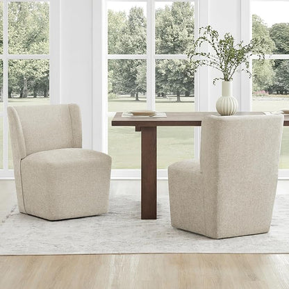 KISLOT Upholstered Dining Chairs Set of 1 with Casters, Wingback Modern Side Armless Deskchair with Rollers for Diningroom Bedroom Livingroom Reading Room, Sand Fabric