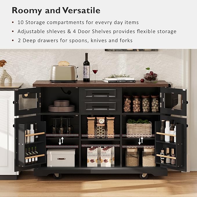 54.9" Kitchen Island with Drop Leaf and Drawers, Rolling Kitchen Cart with Shelves and Storage Cabinet, Kitchen Prep Table on Wheels with Power Outlet and Cross Barn Doors & Visual Glass Door Black