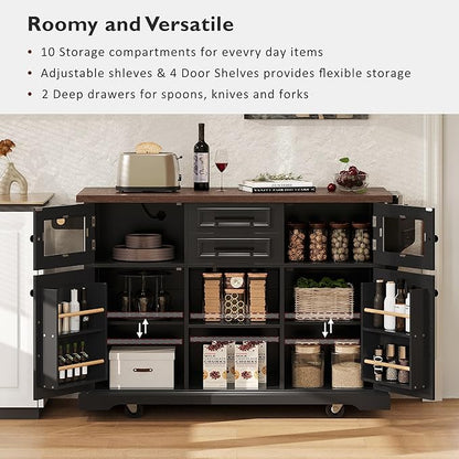 54.9" Kitchen Island with Drop Leaf and Drawers, Rolling Kitchen Cart with Shelves and Storage Cabinet, Kitchen Prep Table on Wheels with Power Outlet and Cross Barn Doors & Visual Glass Door Black
