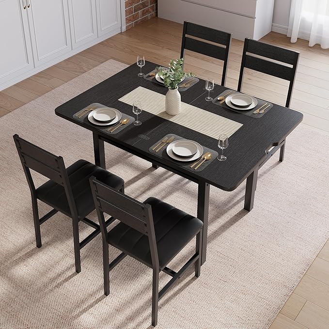 MapleGrace Dining Table Set for 4, Extendable Kitchen Table with 4 PU Leather Upholstered Dining Room Chairs, Wood Kitchen Table Set with Built-in Storage Rack for Dining & Small Spaces, Black