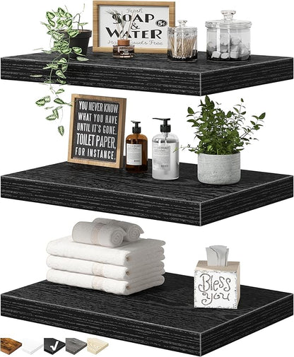 QEEIG 10" Deep Floating Shelves for Wall - 10 x 16 inch Book Shelf Bathroom Bedroom Kitchen Living Room Hanging Bookshelf Farmhouse Set of 3, Black (025-40B3)