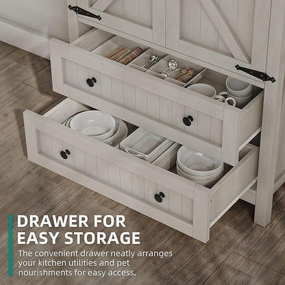 YITAHOME Farmhouse Kitchen Pantry Cabinet, 64.5" Tall Storage Cabinet with 2 Drawers & Adjustable Shelves, Ideal for Kitchen, Living Room, or Entryway, White