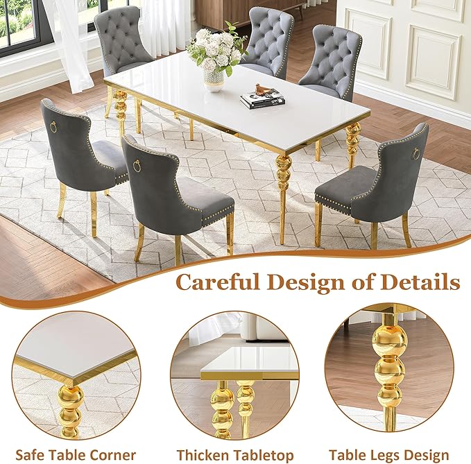 7 Piece Glass Dining Table Set, Modern 70 Inch Gold Rectangular Glass Kitchen Table, 6 Gray Exquisite Velvet Cushion Chairs for Living Room, Restaurant (White-Top)