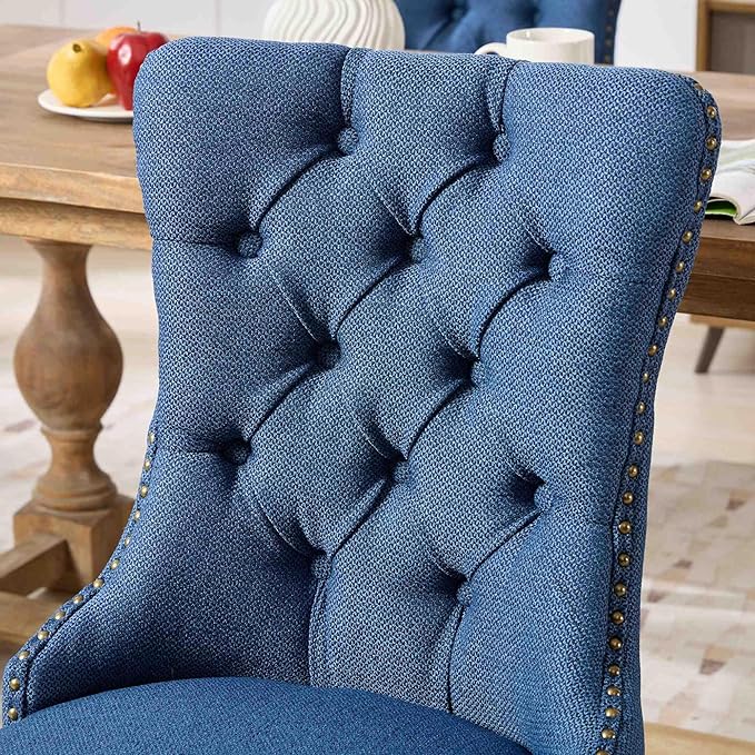 Ball & Cast Contemporary Upholstered Dining Chairs Set of 2, Flax Button Tufted Kitchen Side-Chairs with Hang Ring & Nailhead Trims & Wood Legs, 2-Piece Backrest Traditional Chair, Black+Blue