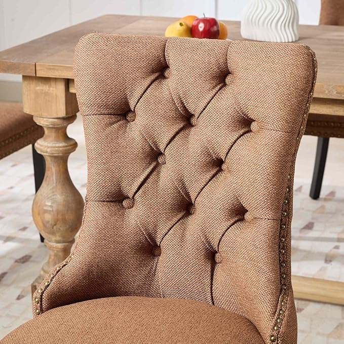 Ball & Cast Contemporary Upholstered Dining Chairs Set of 2, Flax Button Tufted Kitchen Side-Chairs with Hang Ring & Nailhead Trims & Wood Legs, 2-Piece Backrest Traditional Chair, Black+Coffee
