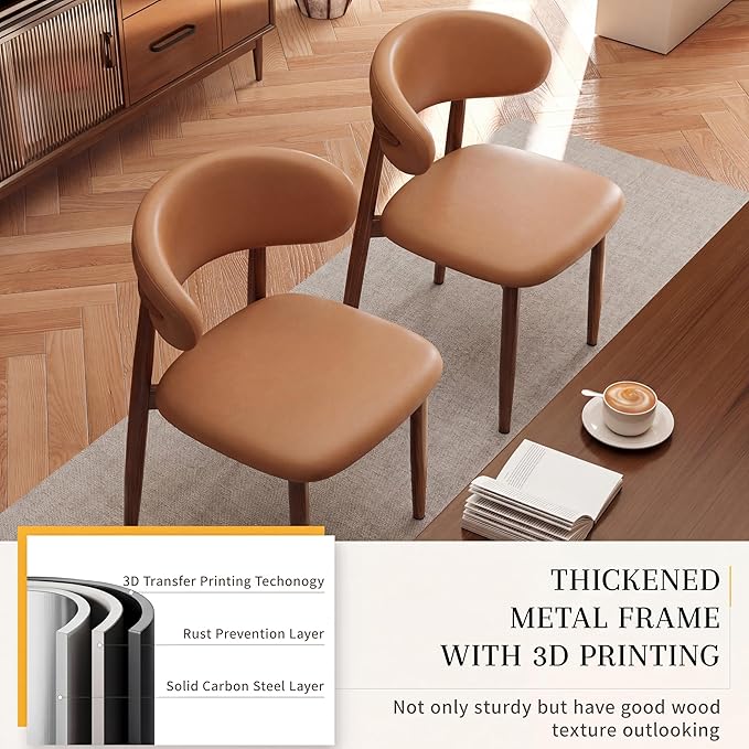 Kitchen Dining Chairs Set of 2 Modern Upholstered Leather Farmhouse Dining Room Chair with Metal Legs, Brown/Walnut