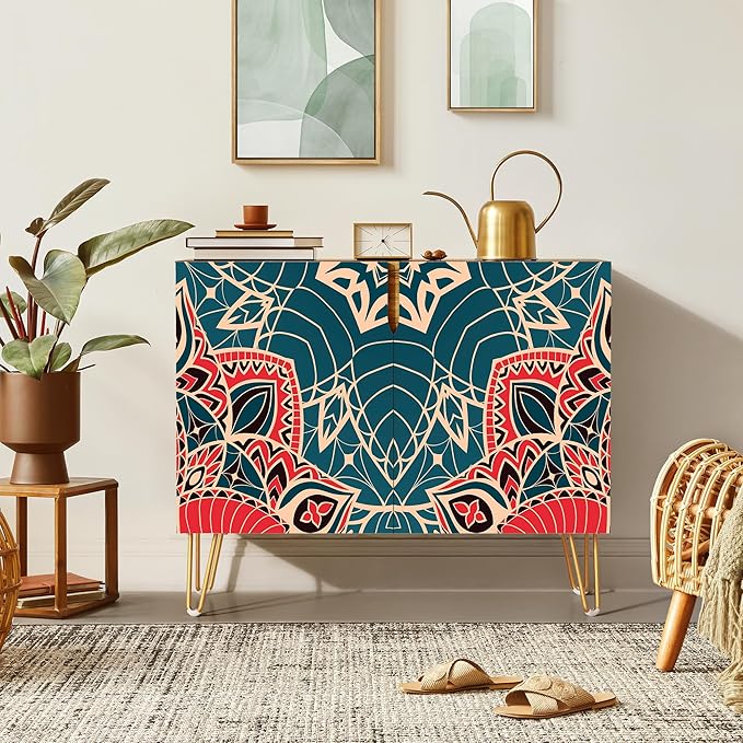 SIGNWIN Sideboard Buffet Cabinet, Kitchen Storage Cabinet with 2 Doors, Colorful Indian Floral Mandala Pattern, Cupboard Console Table for Dining Room - 35" L x 18" W x 29" H