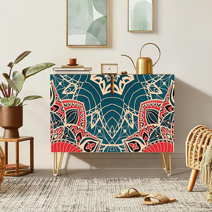 SIGNWIN Sideboard Buffet Cabinet, Kitchen Storage Cabinet with 2 Doors, Colorful Indian Floral Mandala Pattern, Cupboard Console Table for Dining Room - 35" L x 18" W x 29" H