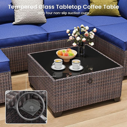 9 Piece Outdoor Patio Furniture Set with 43'' Fire Pit Table, Outdoor Sectional Furniture, Rattan & Wicker Modern Modular Conversation Set Sofa Couch W/Water Resistant Thick Cushions, Brown/Blue