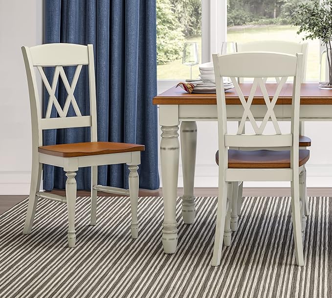 Home Styles Monarch Double X-back White and Oak Dining Chairs, with Solid Hardwood Construction, Turned Legs, and Distressed Oak Finish, Set of Two