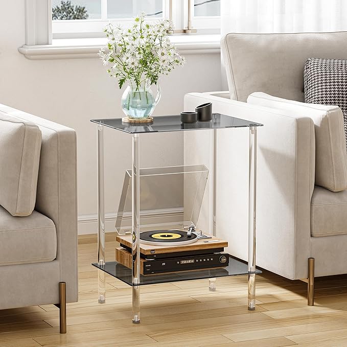 Tempered Glass Side Table, Acrylic End Table, 2-Tier Transparent Nightstand, Clear Coffee Table, for Small Spaces Living Room Bedroom Balcony Black LET518BK
